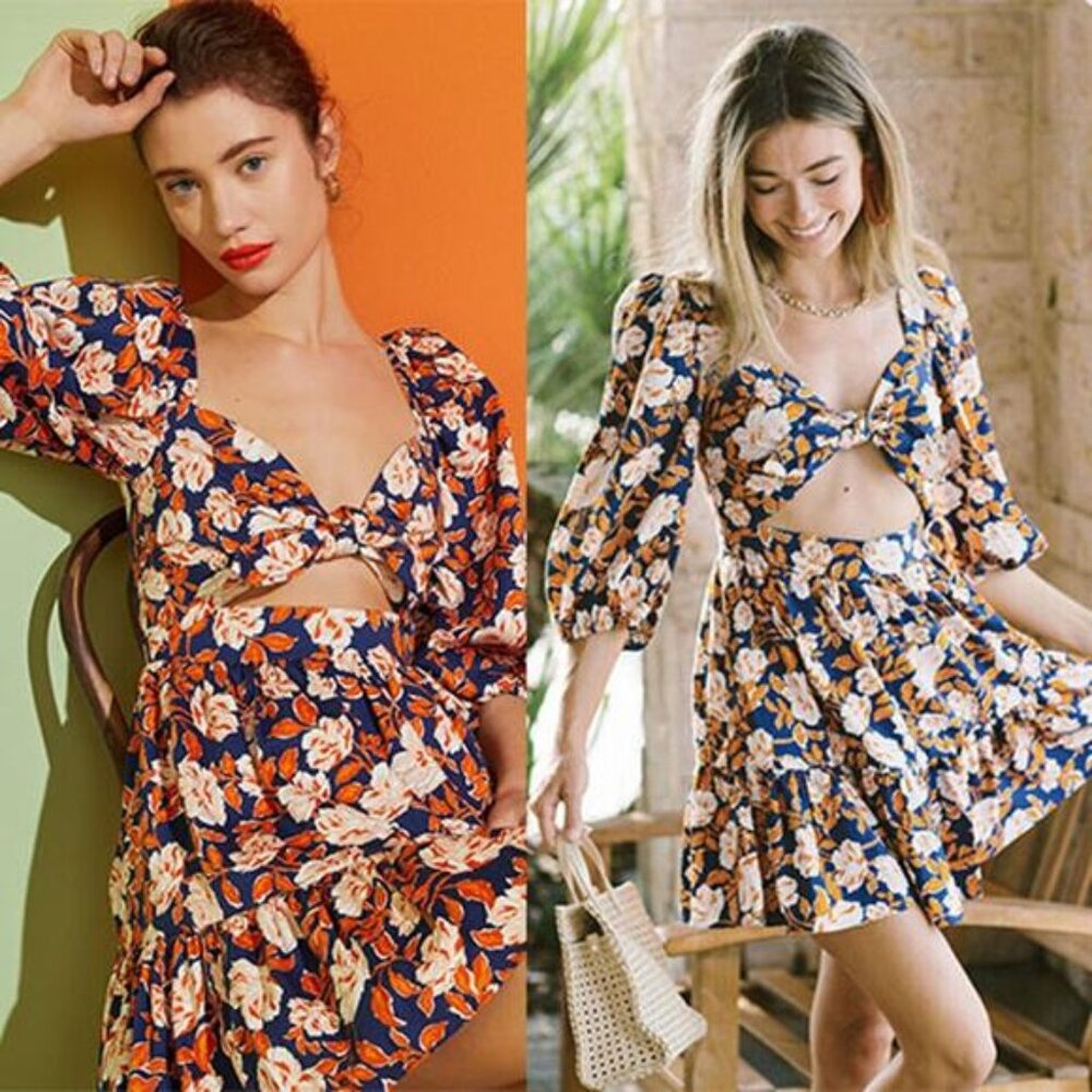 NWT Amur Medina Cutout Floral-Print Organic Stretch-Cotton Mini Dress Indigo